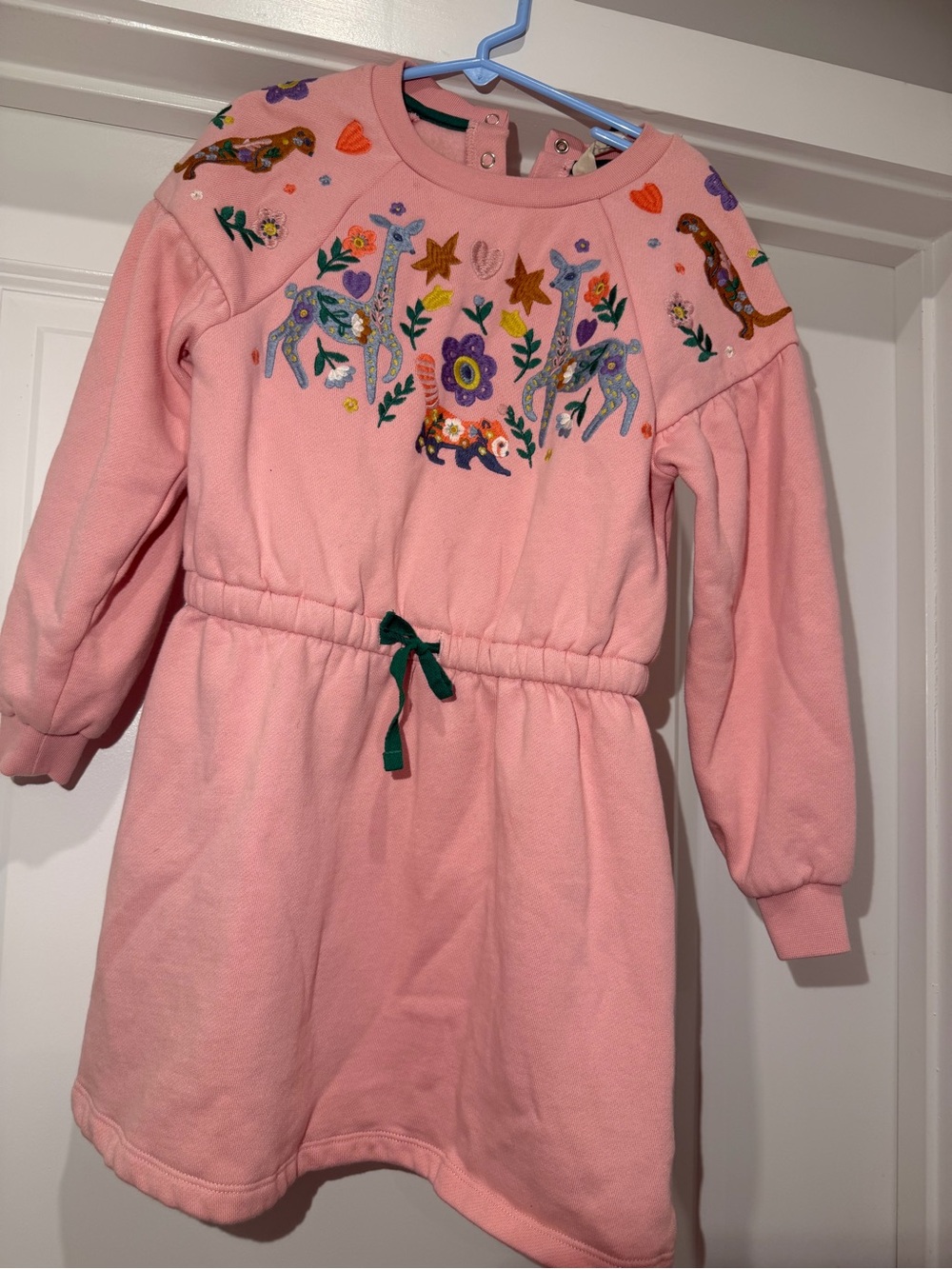 Mini Boden Long Sleeve Dress embroidered giraffes and flowers- Size 7-8Y